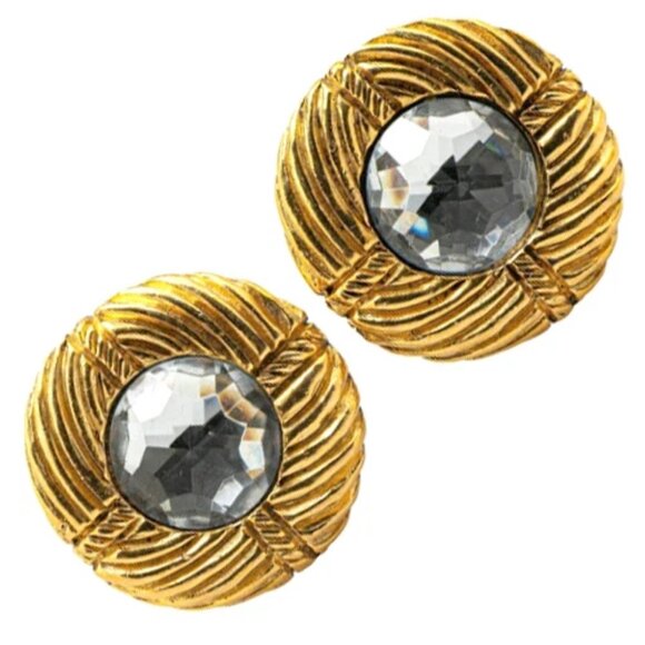 CHANEL Rhinestone Crystal Round Clip-On Earrings Gold Tone Auth #1188